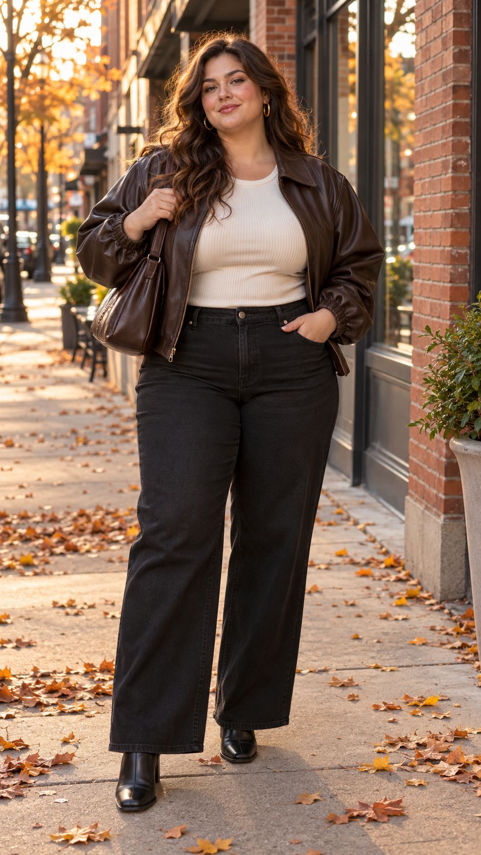espresso faux leather jacket with black wide leg jeans