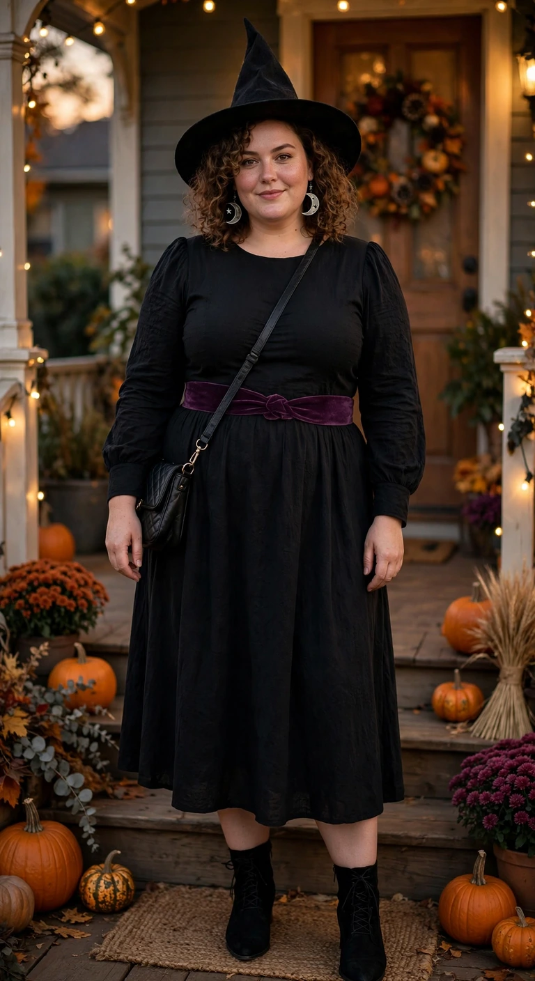 black midi dress with a witch hat and boots