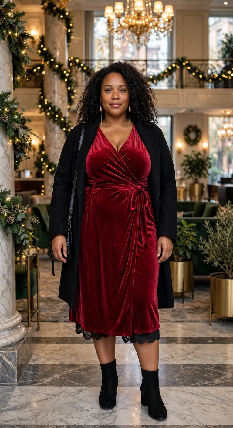 ruby velvet wrap dress with black boots