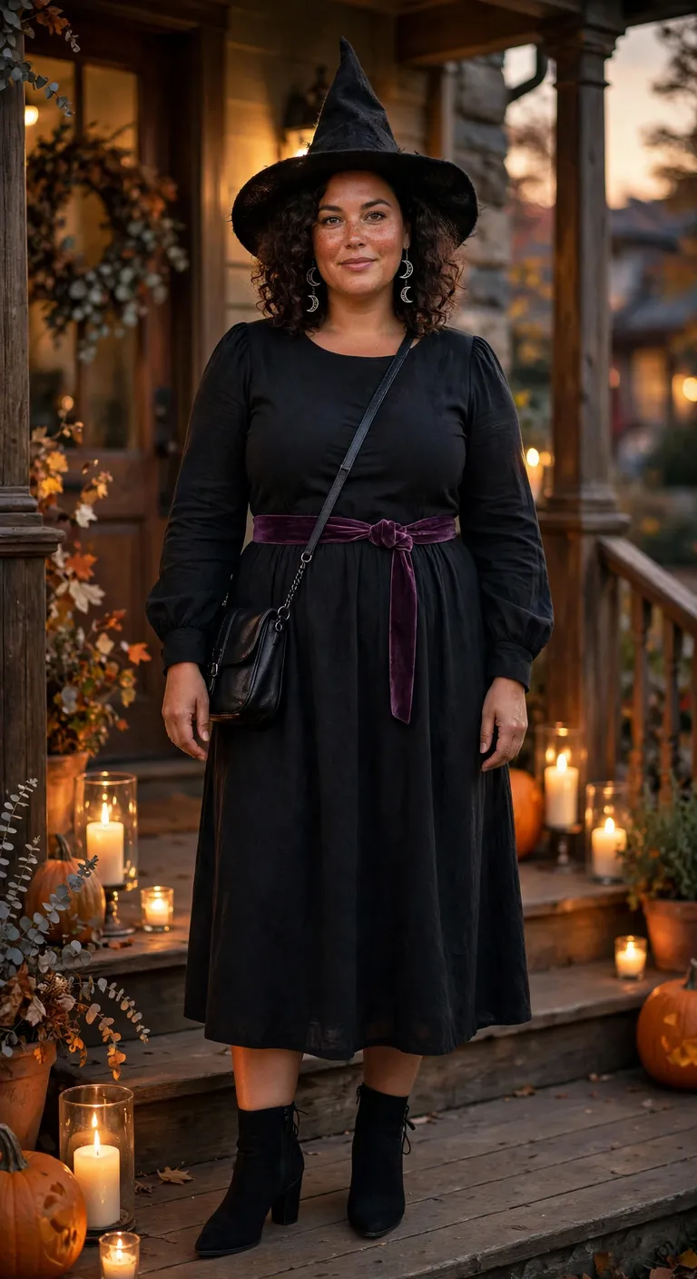 plum wrap dress with a pointed witch hat