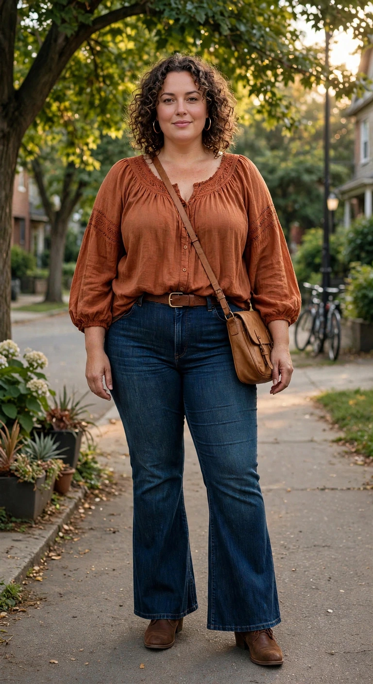 rust peasant blouse with dark flare jeans