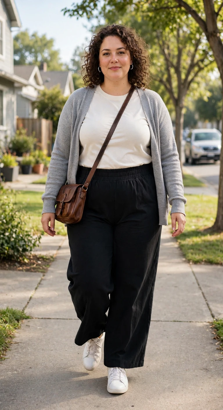 black wide-leg trousers with an ivory tee