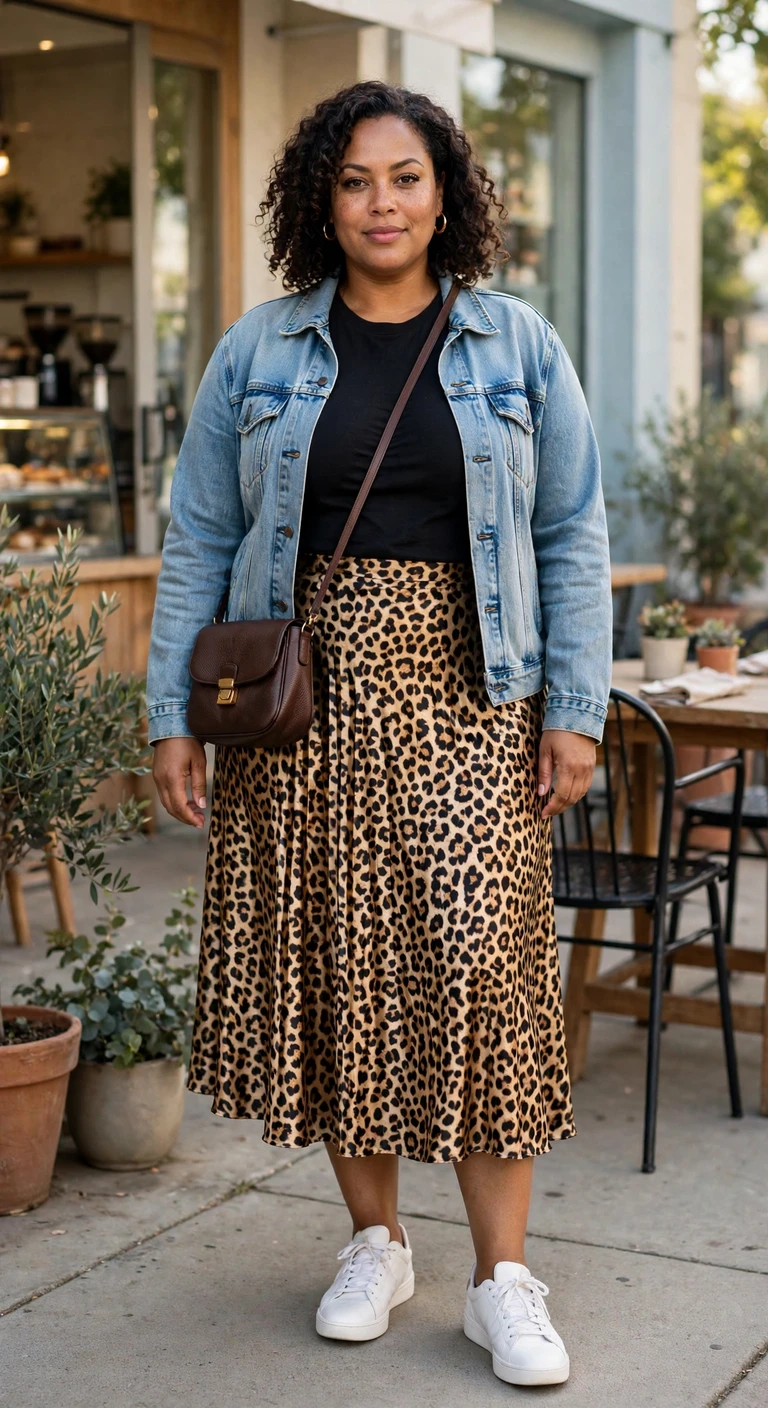 leopard midi skirt with a black fitted tee