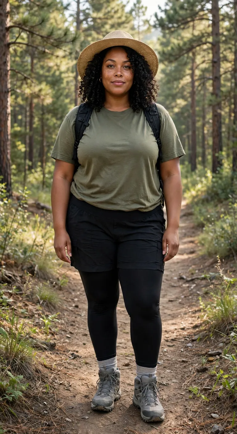 olive hiking pants with a coral performance tee
