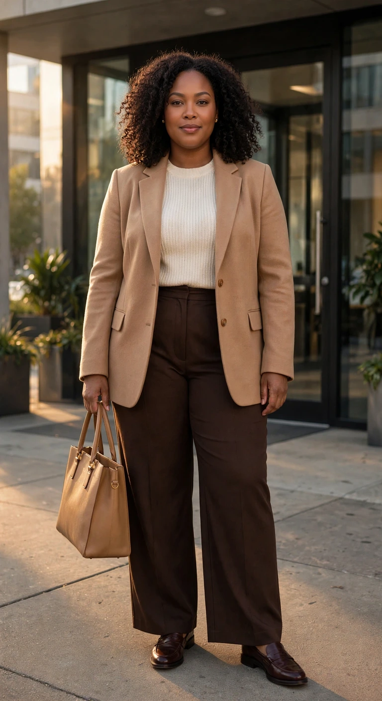camel blazer with espresso wide leg trousers