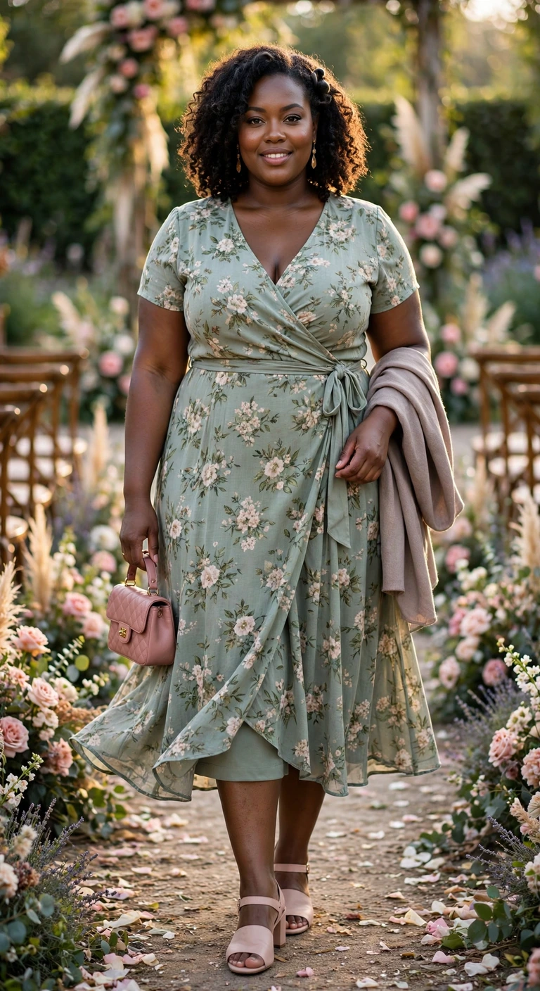sage floral wrap midi with blush block heels