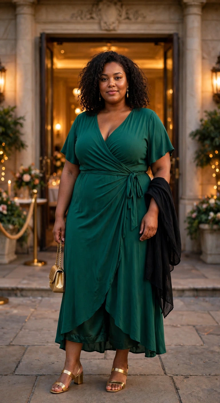 emerald wrap maxi with gold block heels