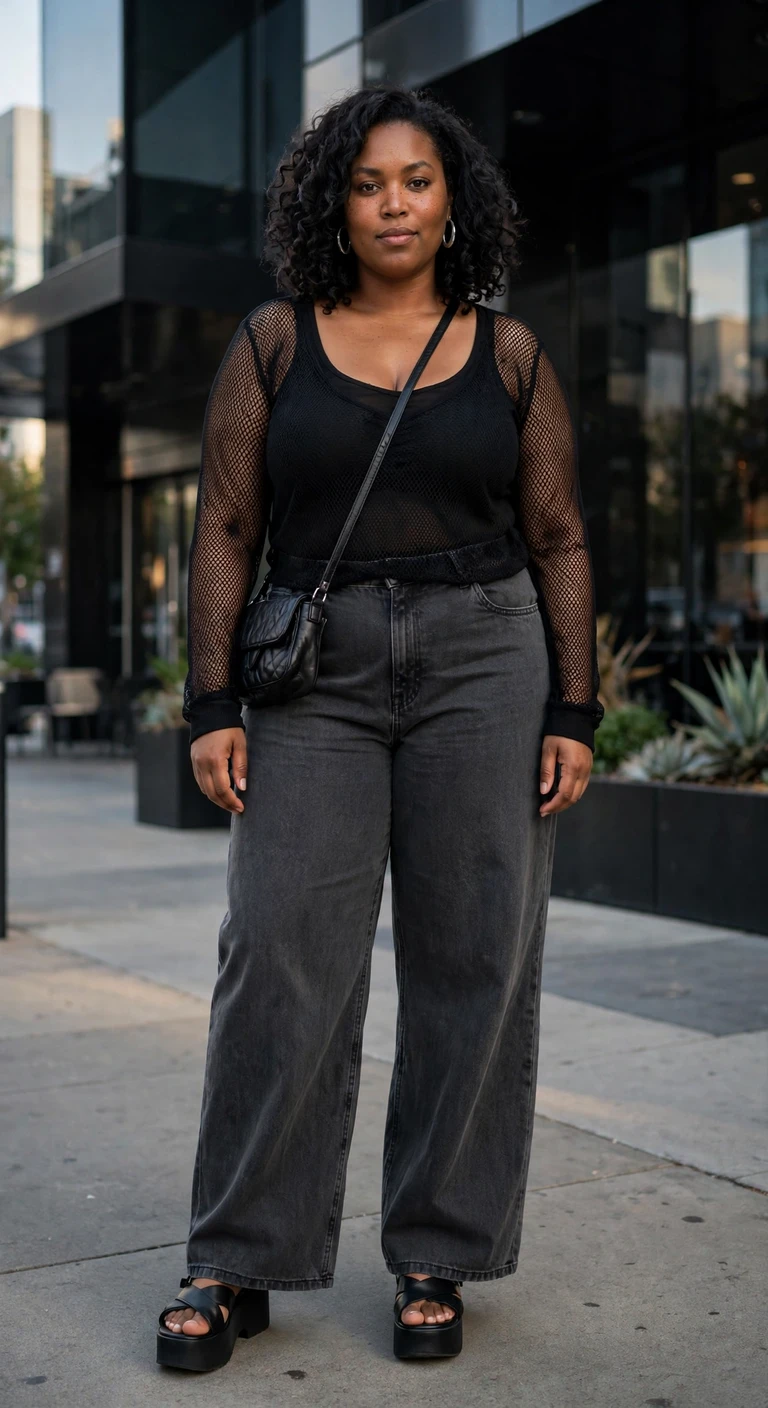 black mesh top with charcoal wide leg jeans