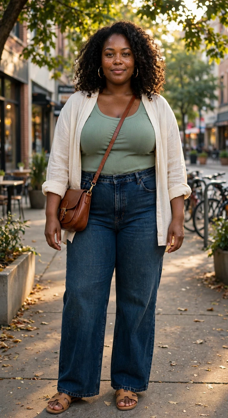 sage ribbed tank with dark wash wide leg jeans