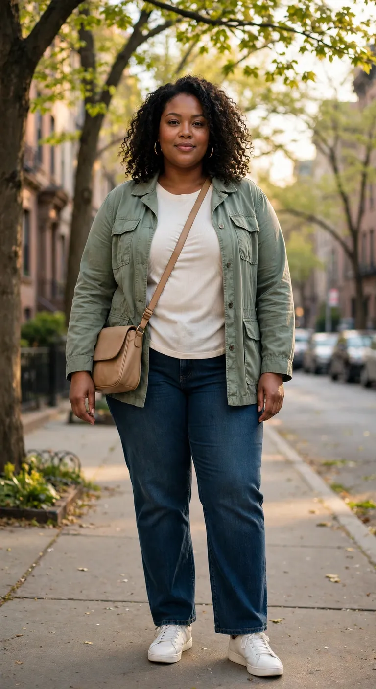 sage utility jacket with dark wash straight jeans
