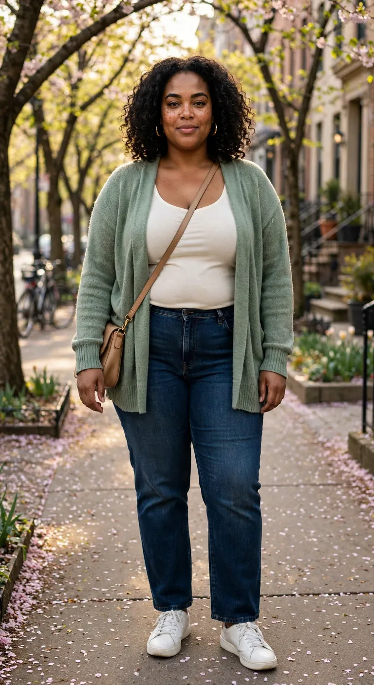 sage cardigan with dark indigo straight jeans