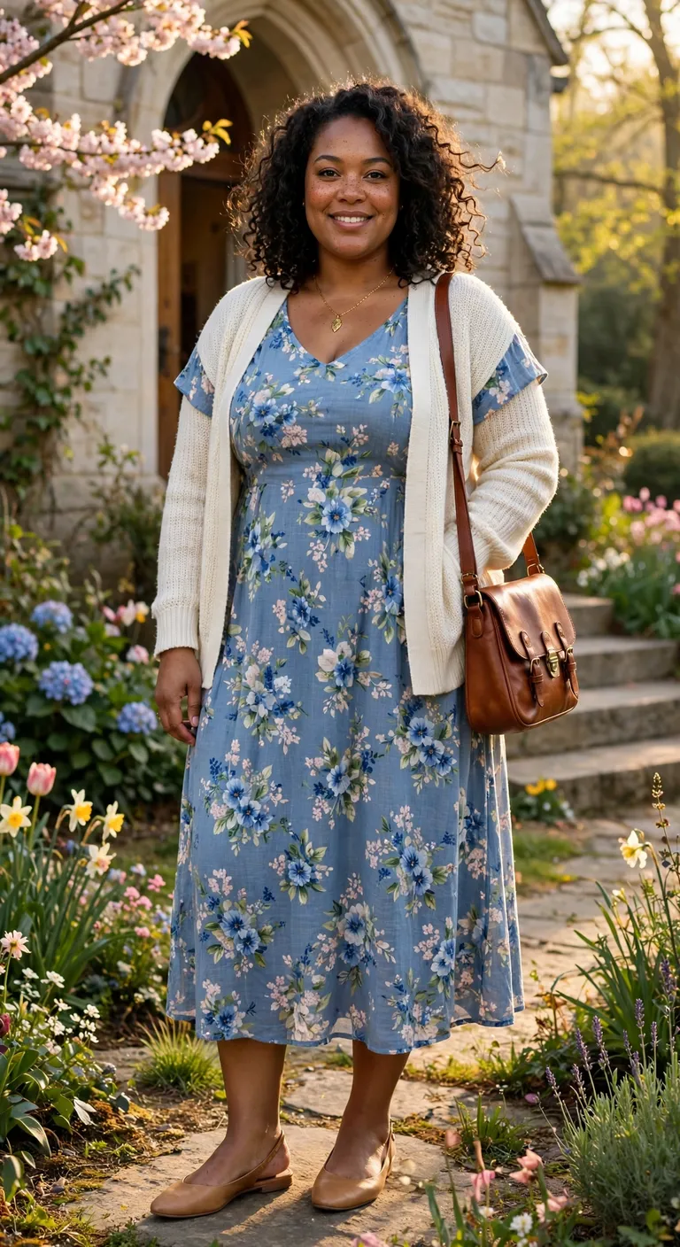 floral midi dress with a cream cardigan