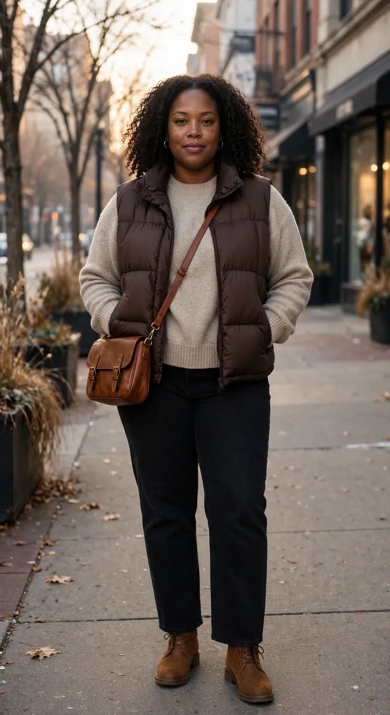 espresso puffer vest with black straight jeans