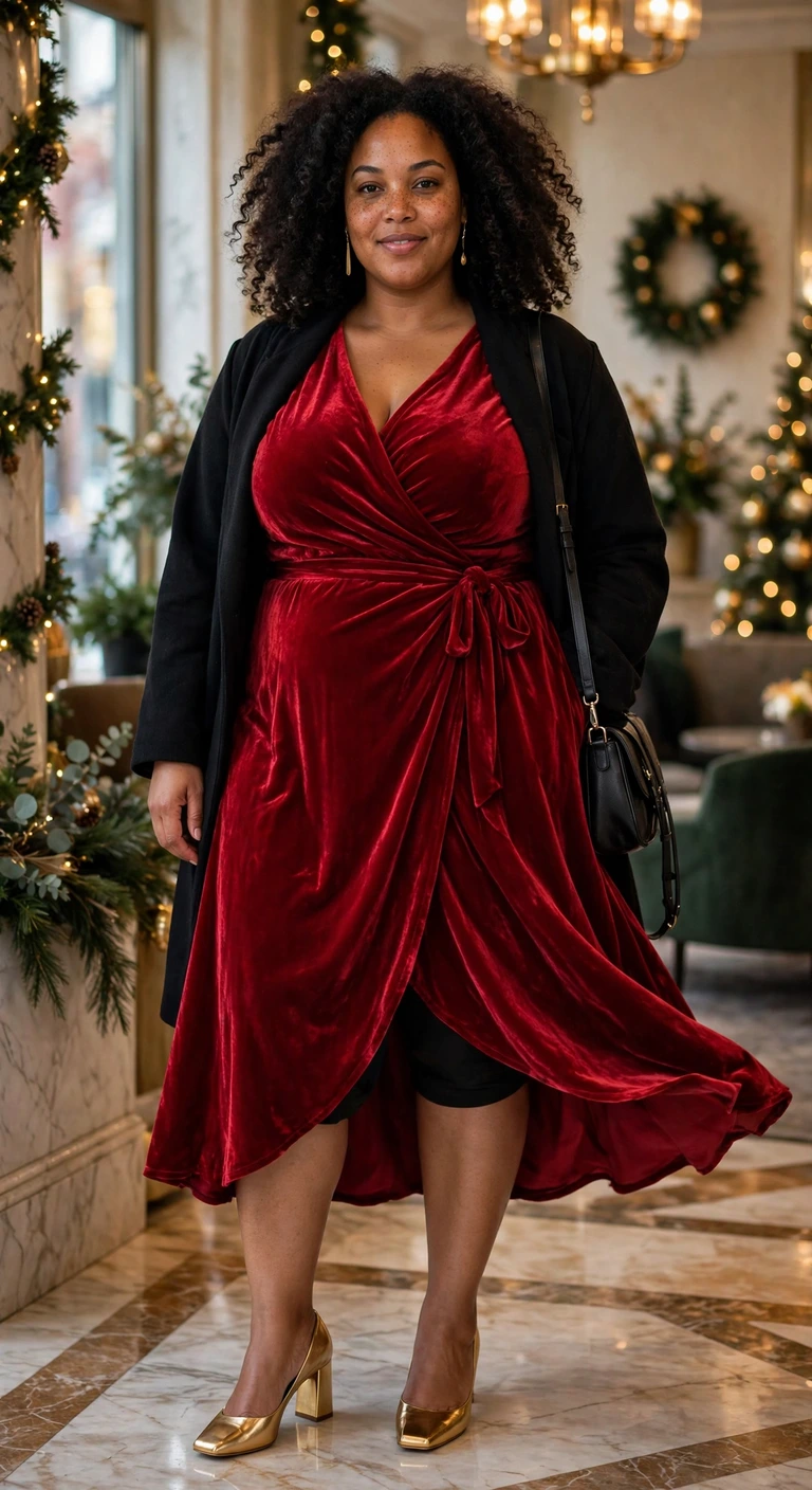 ruby velvet wrap dress with gold pumps