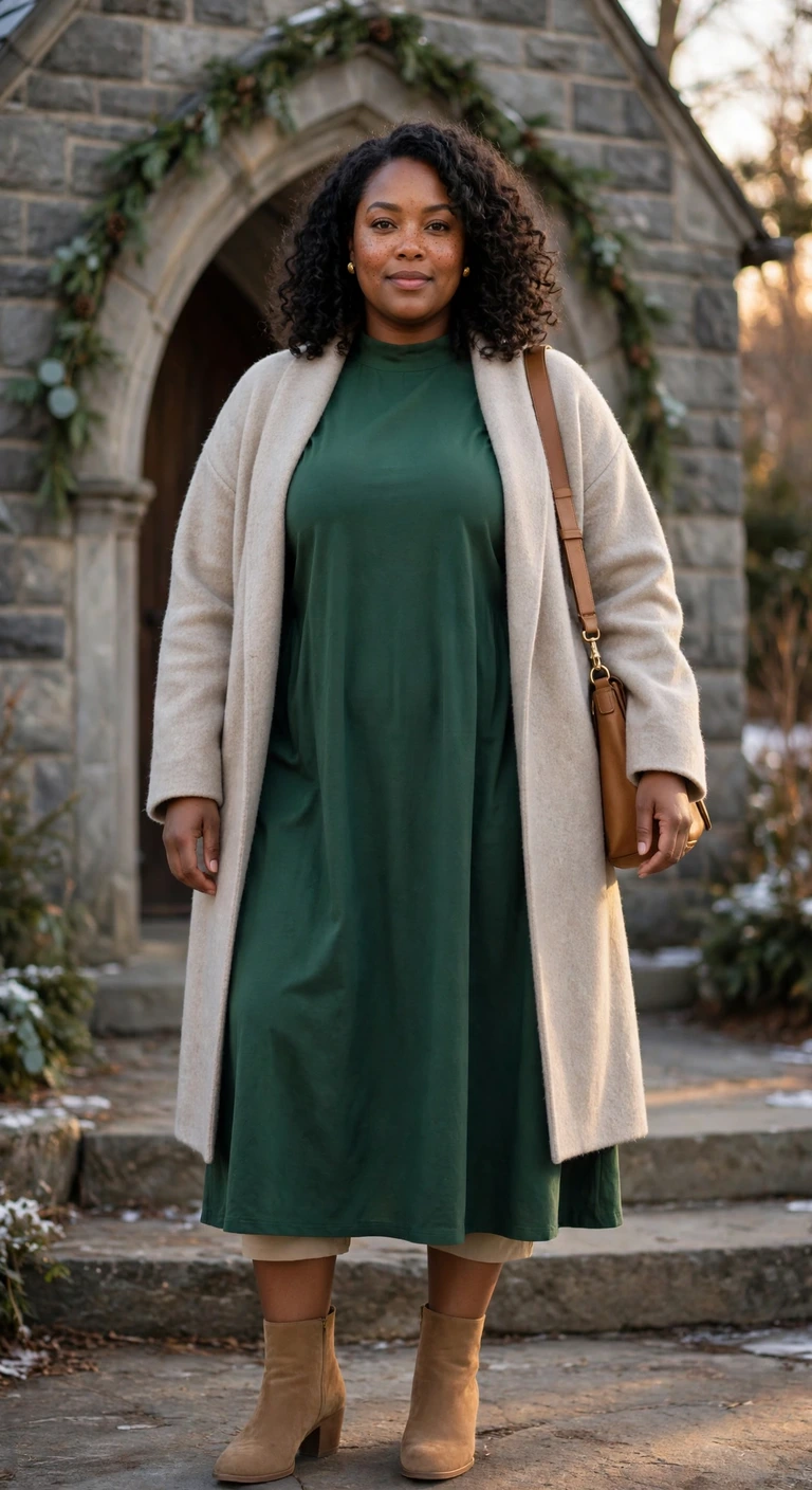 forest green midi dress with camel boots