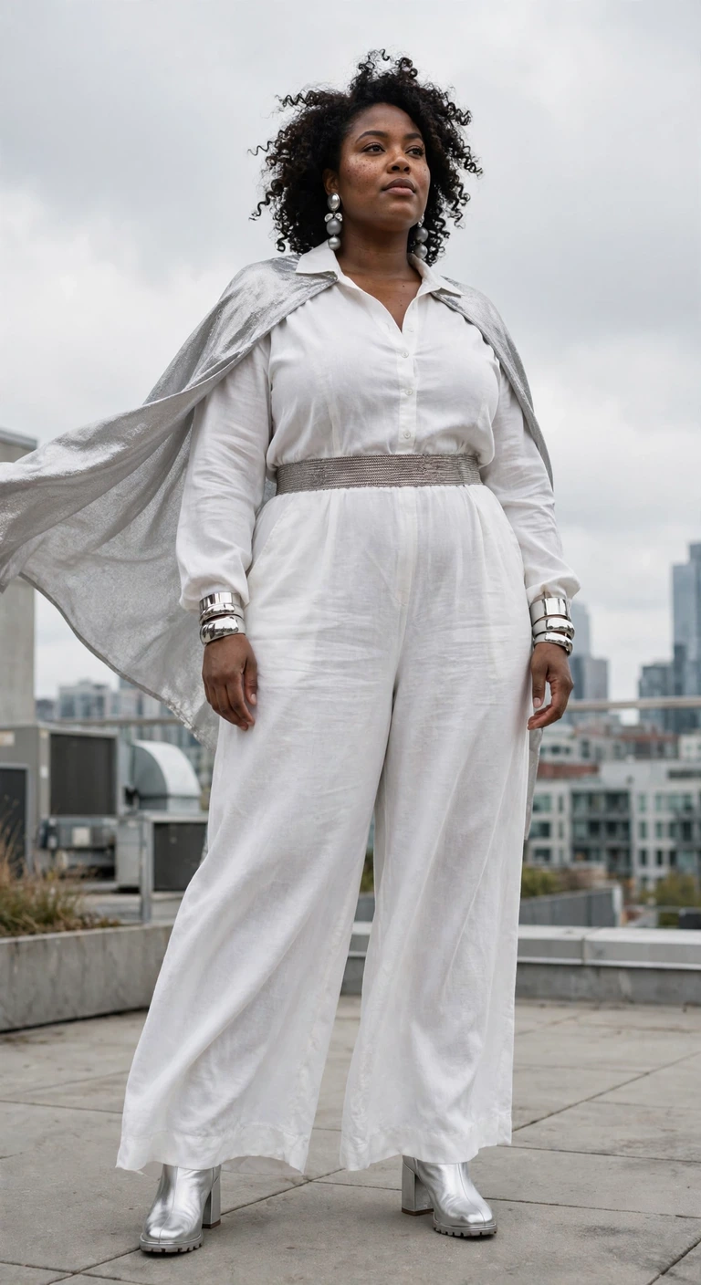white jumpsuit with a silver storm cape