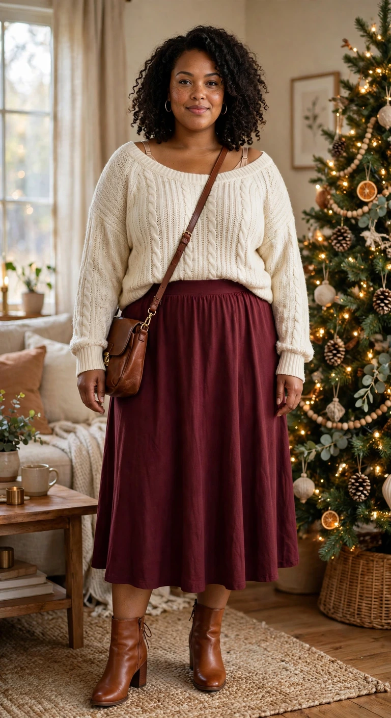 cream sweater with a burgundy midi skirt
