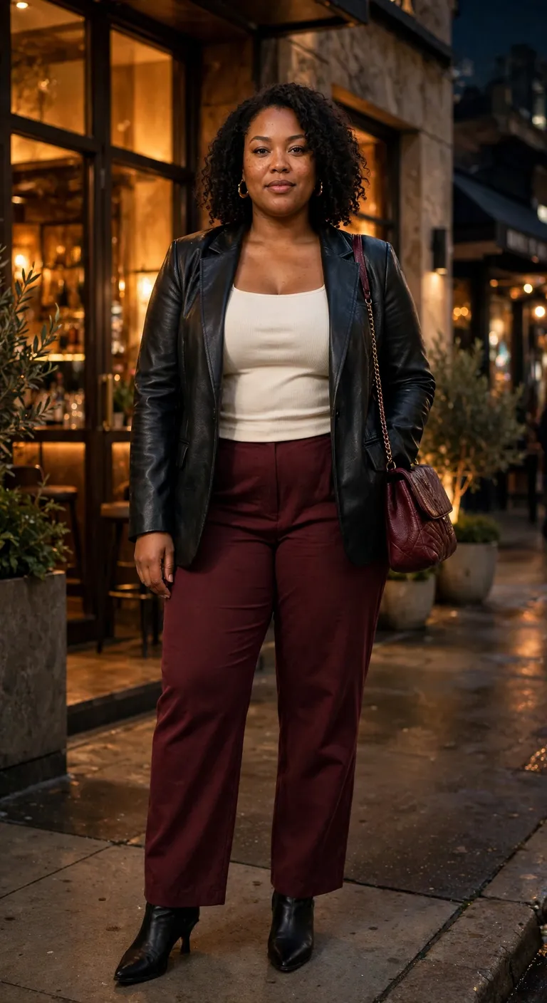 black faux leather blazer with wine straight pants