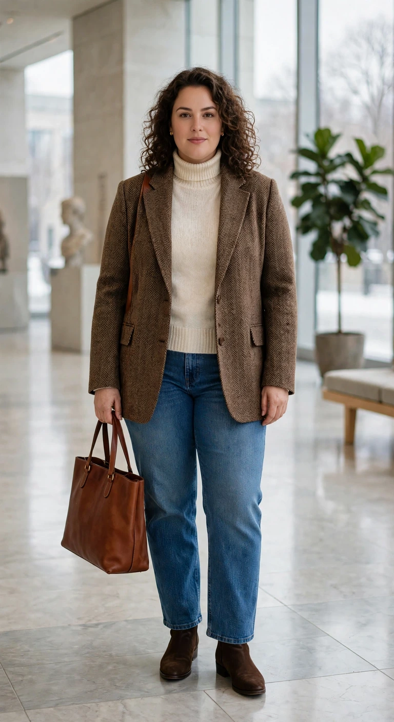 cream turtleneck with a herringbone blazer and jeans