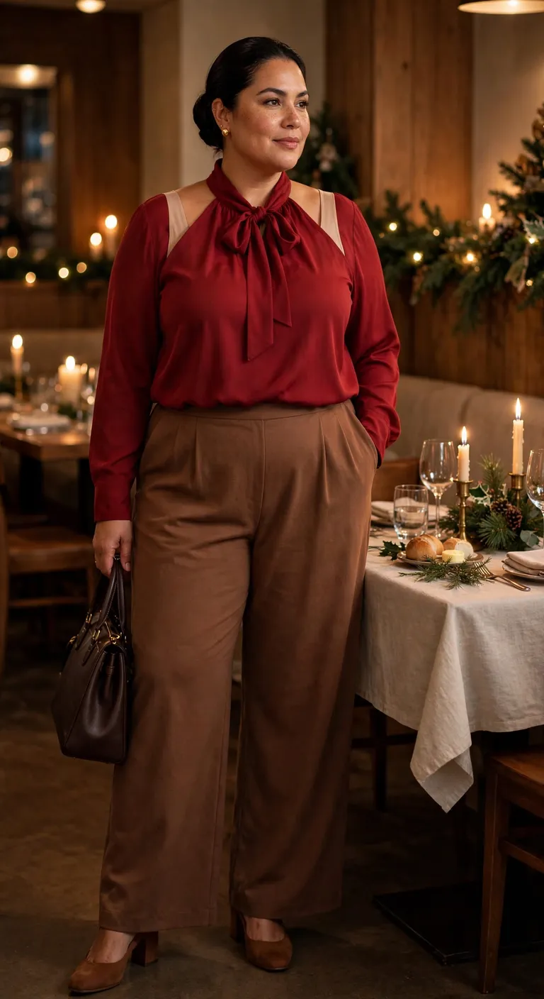 cocoa wide-leg pants with a red bow blouse
