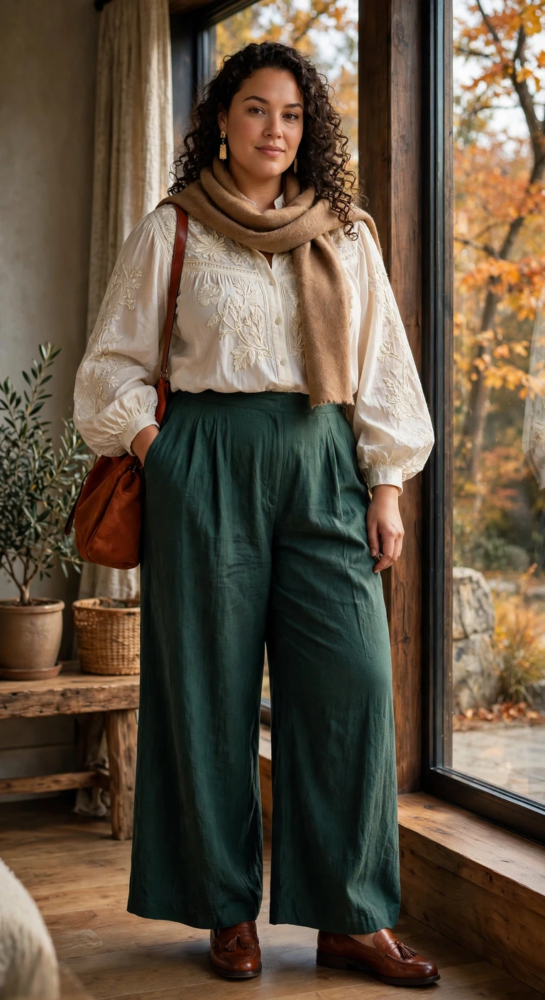 forest wide leg trousers with an embroidered blouse