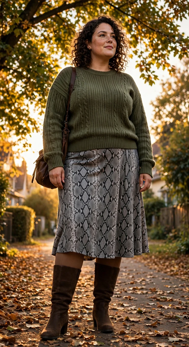 olive knit with a snake print midi skirt
