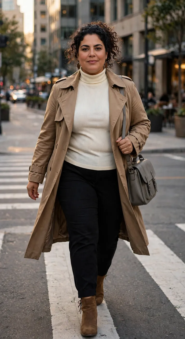 relaxed mocha trench over black ankle pants
