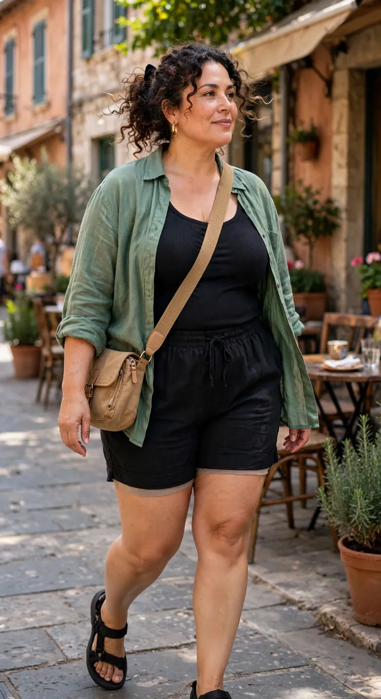 black linen shorts with a soft green shirt