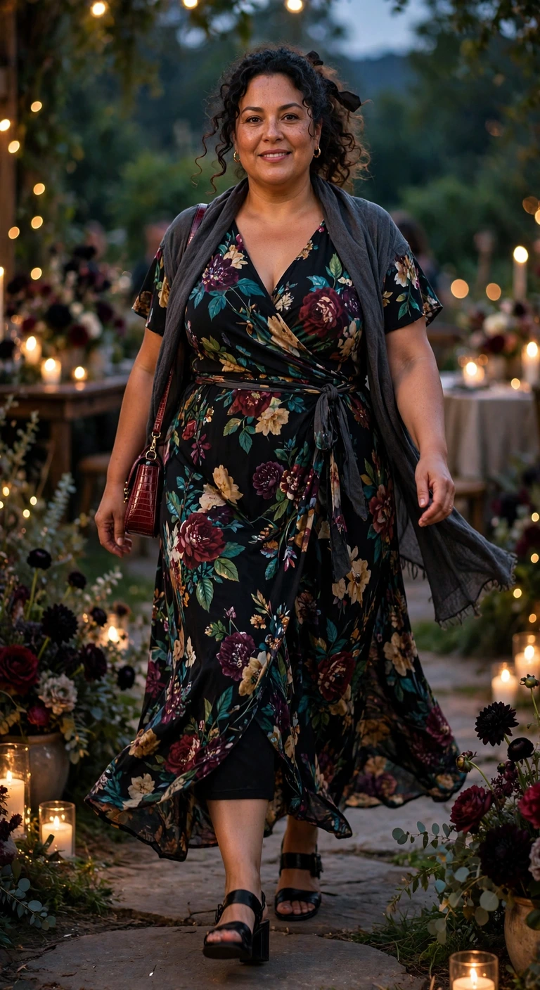 dark floral wrap maxi with black block heels