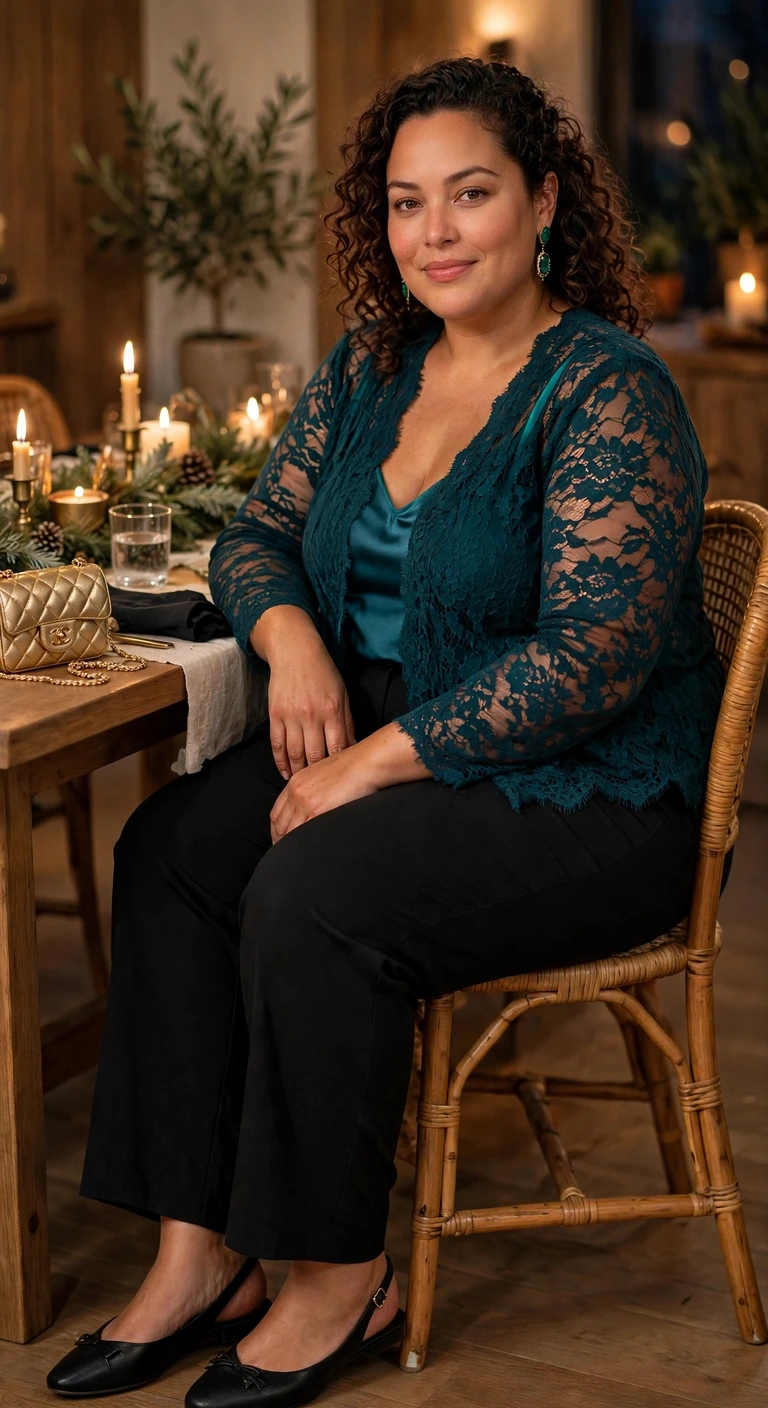 teal lace blouse with black tailored trousers
