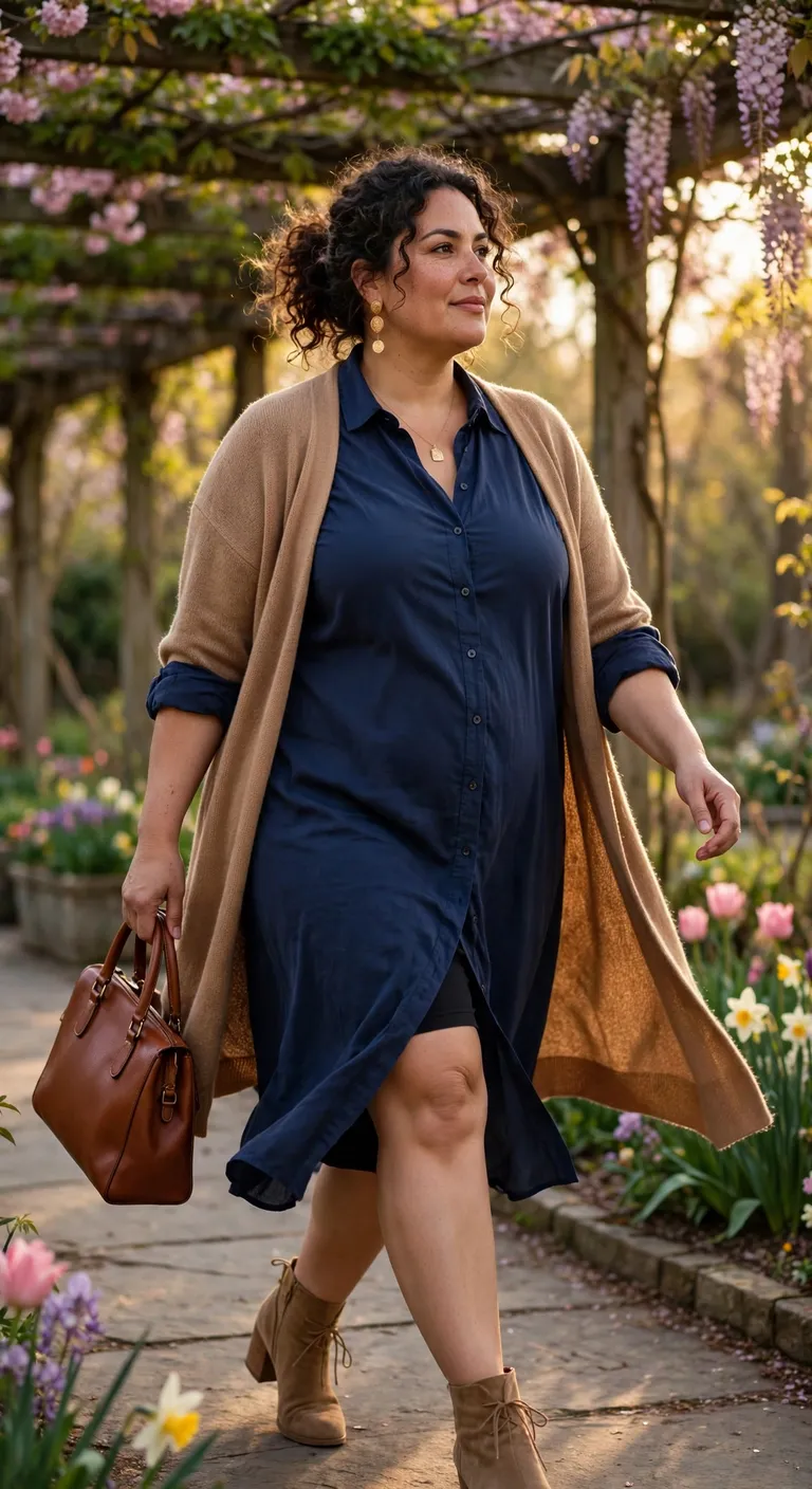 navy shirt dress with a camel long cardigan