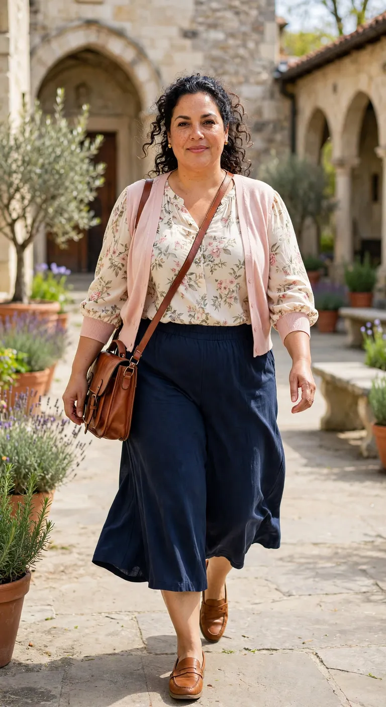 navy culottes with a floral blouse