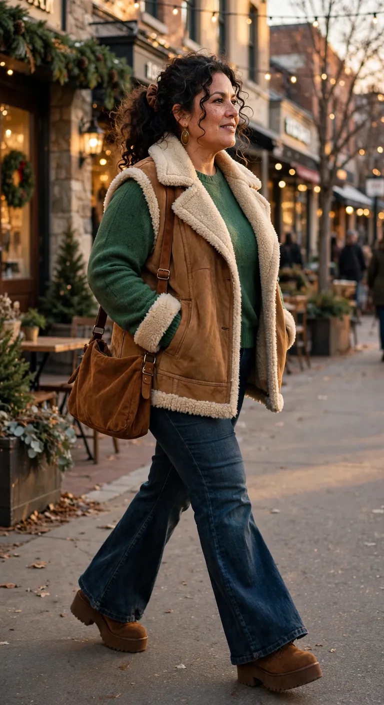 suede shearling vest with dark wash flares