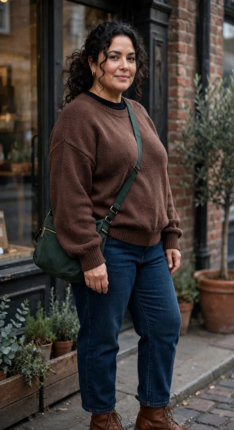chocolate sweater and dark indigo straight jeans