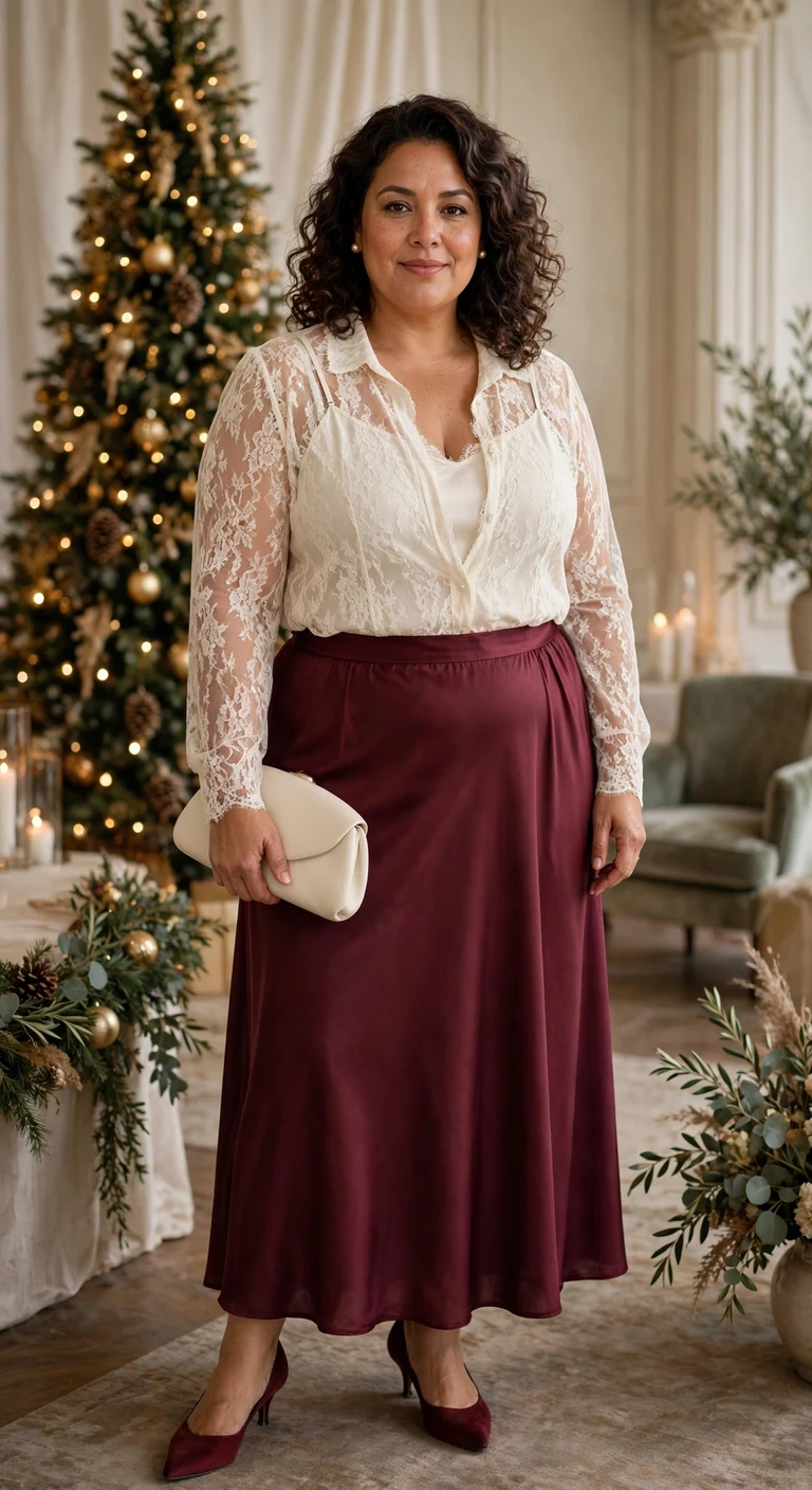 burgundy slip skirt with an ivory lace blouse