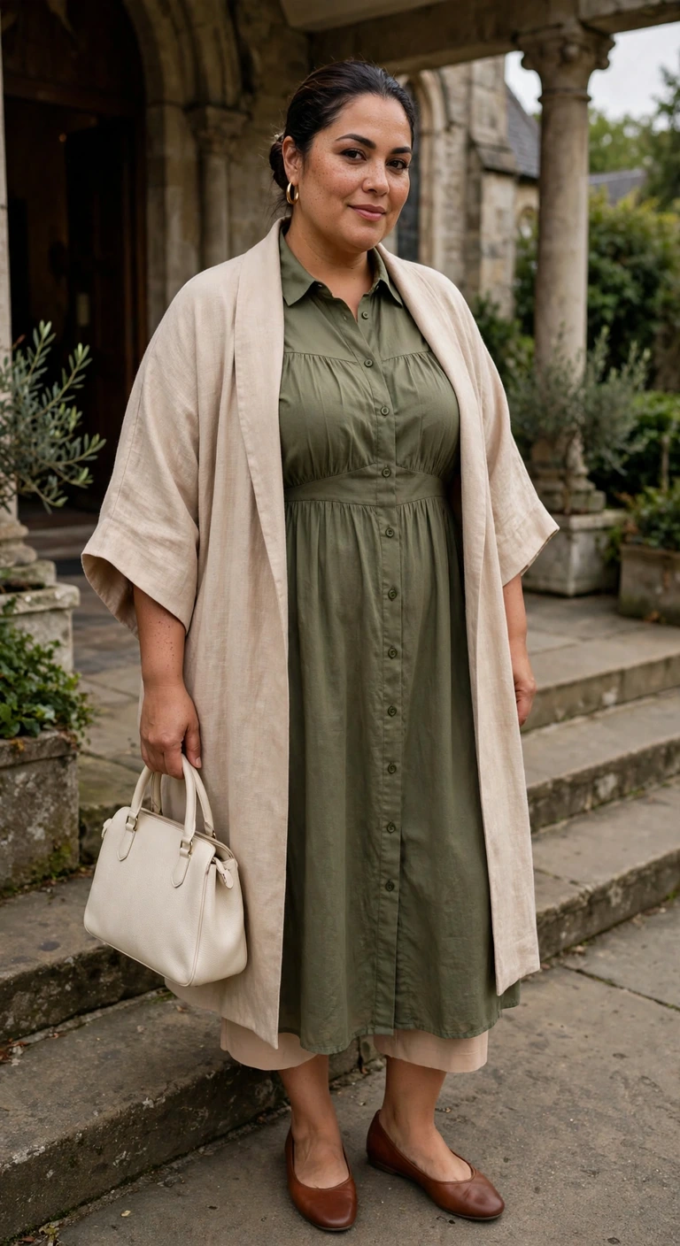 olive shirt dress with chestnut flats