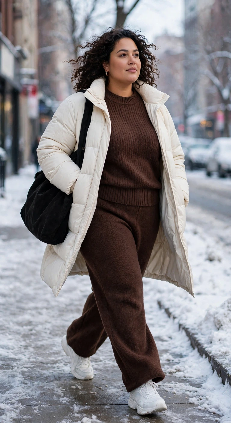 chocolate knit set with a cream puffer coat