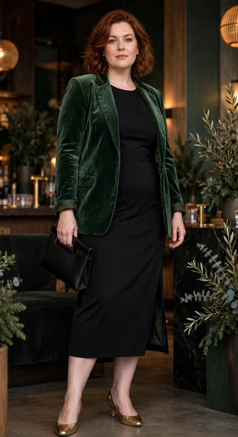 forest velvet blazer over a black column dress