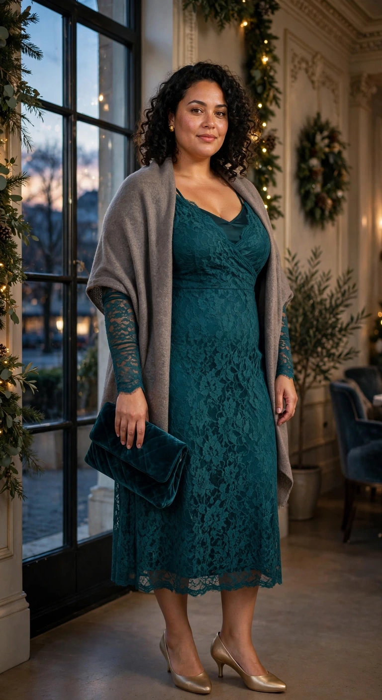 teal lace midi dress with soft-gold shoes