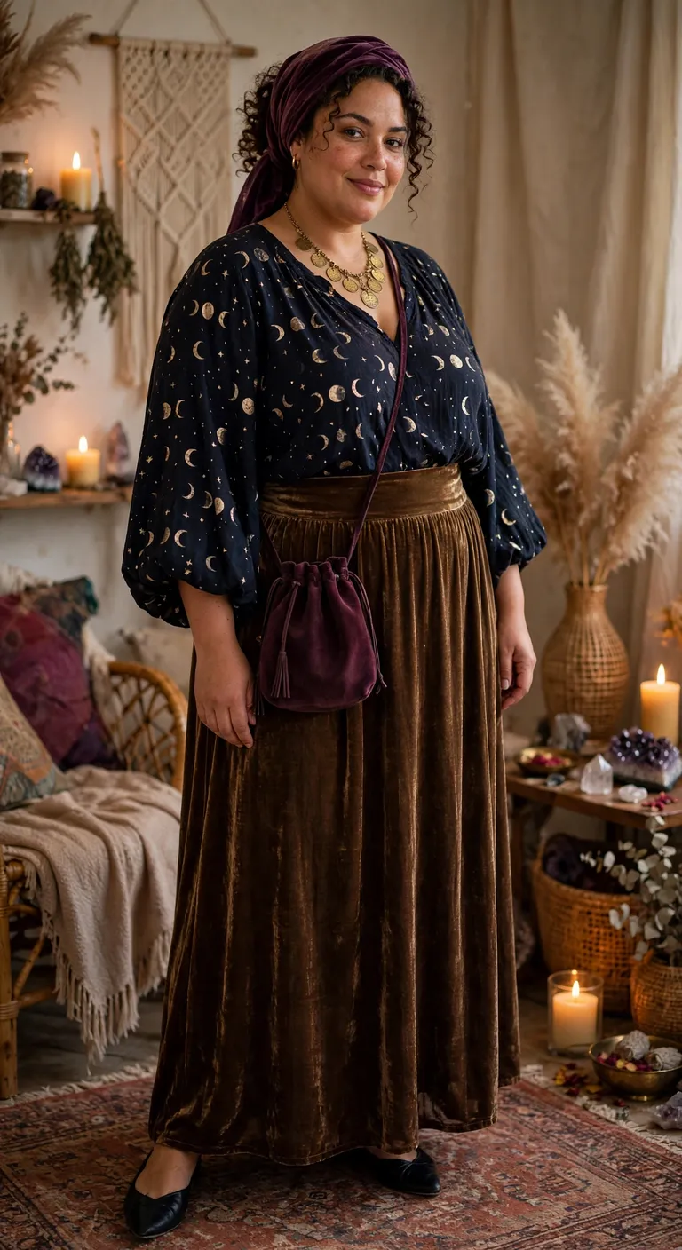 bronze velvet skirt with a moon blouse