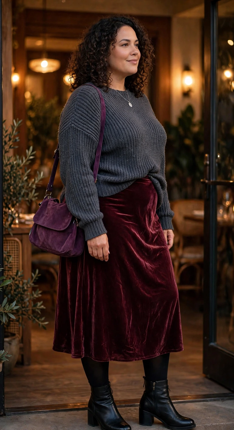 wine velvet skirt with charcoal knit sweater