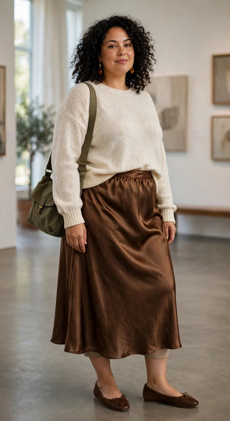satin bias skirt with a fine-knit sweater