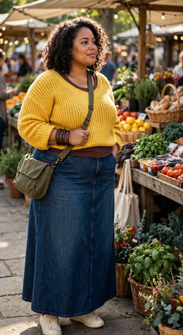 denim maxi skirt with marigold sweater