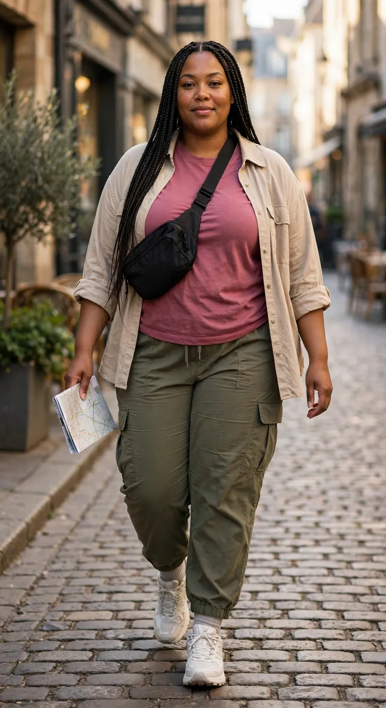 berry tee with olive cargo pants