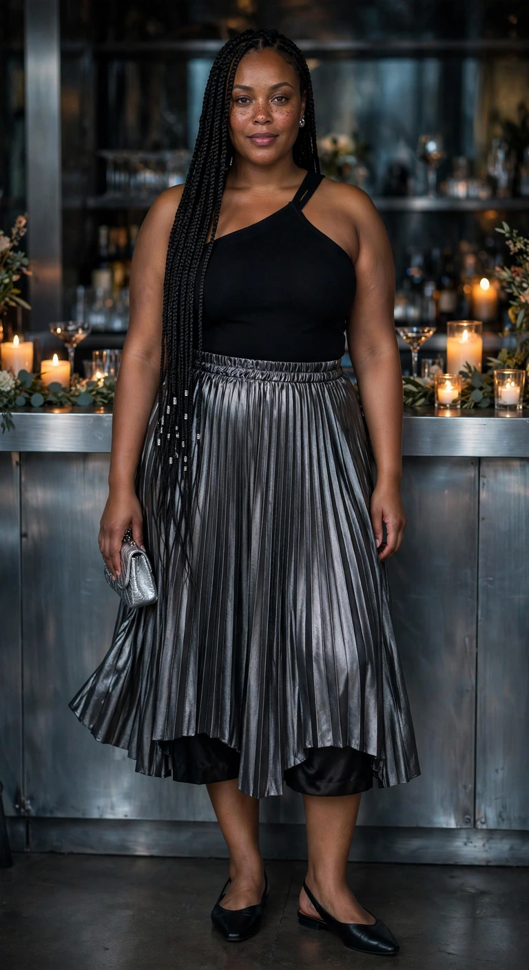 gunmetal pleated skirt with a black one-shoulder top