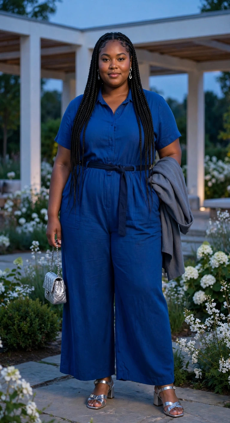 cobalt jumpsuit with silver low heels