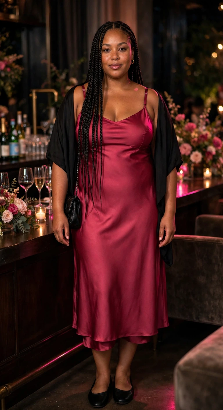 raspberry satin slip midi with a soft black wrap