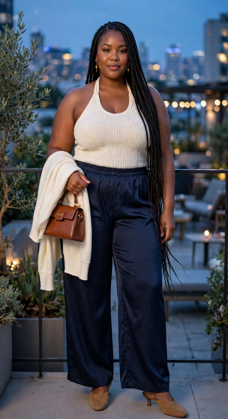 navy satin trousers with an ivory halter knit