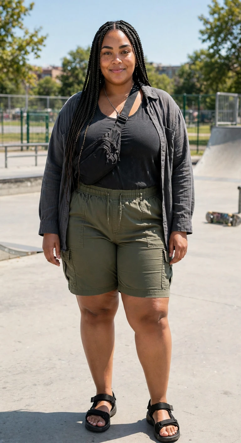 graphic tank with olive bermuda cargo shorts