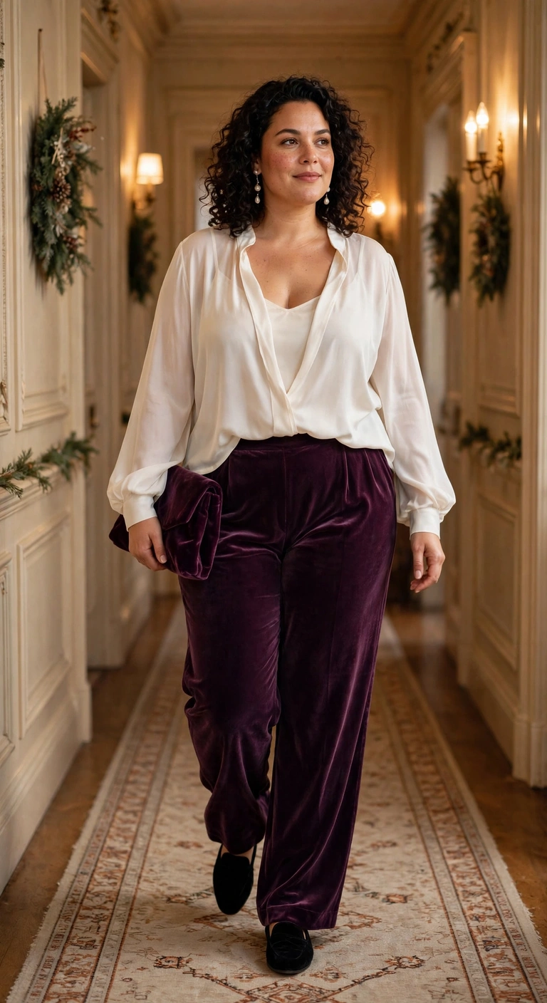 plum velvet trousers with an ivory blouse